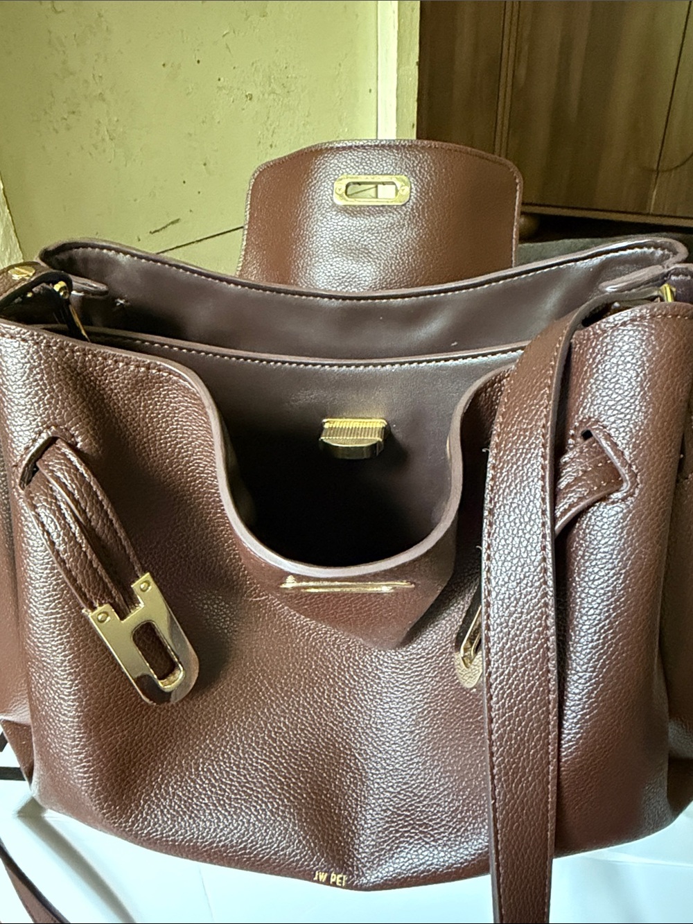 JW PEI Chocolate Brown Vegan Leather Shoulder Bag with Gold Accents - Picture 7 of 17